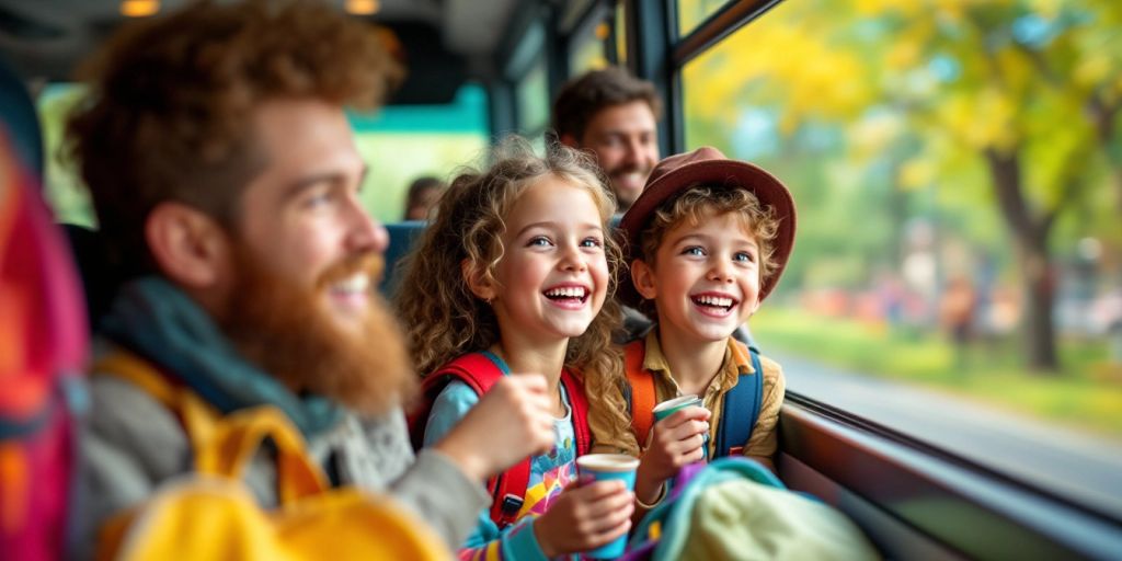 família feliz viajando de ônibus com crianças